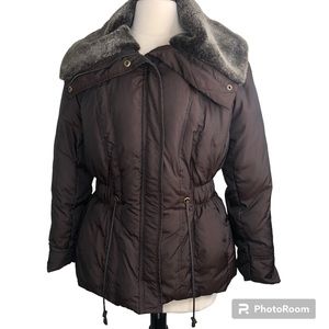 Style & Co Puffer Coat Fur Collar Brown Medium